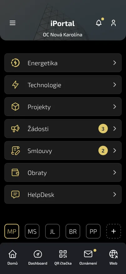 Aplikace Revisio iPortal: hlavní menu s energetikou, technologiemi, projekty a helpdeskem