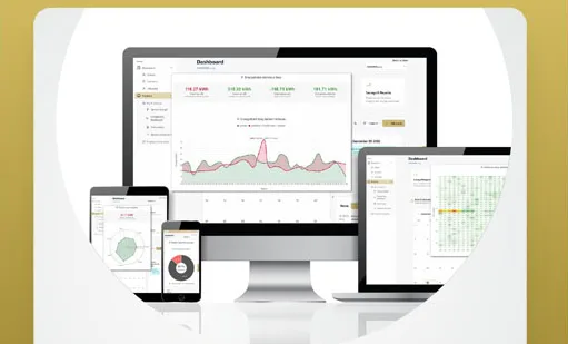 Portál Hardmin Vision: dashboard se spotřebou energií na monitoru, tabletu a telefonu